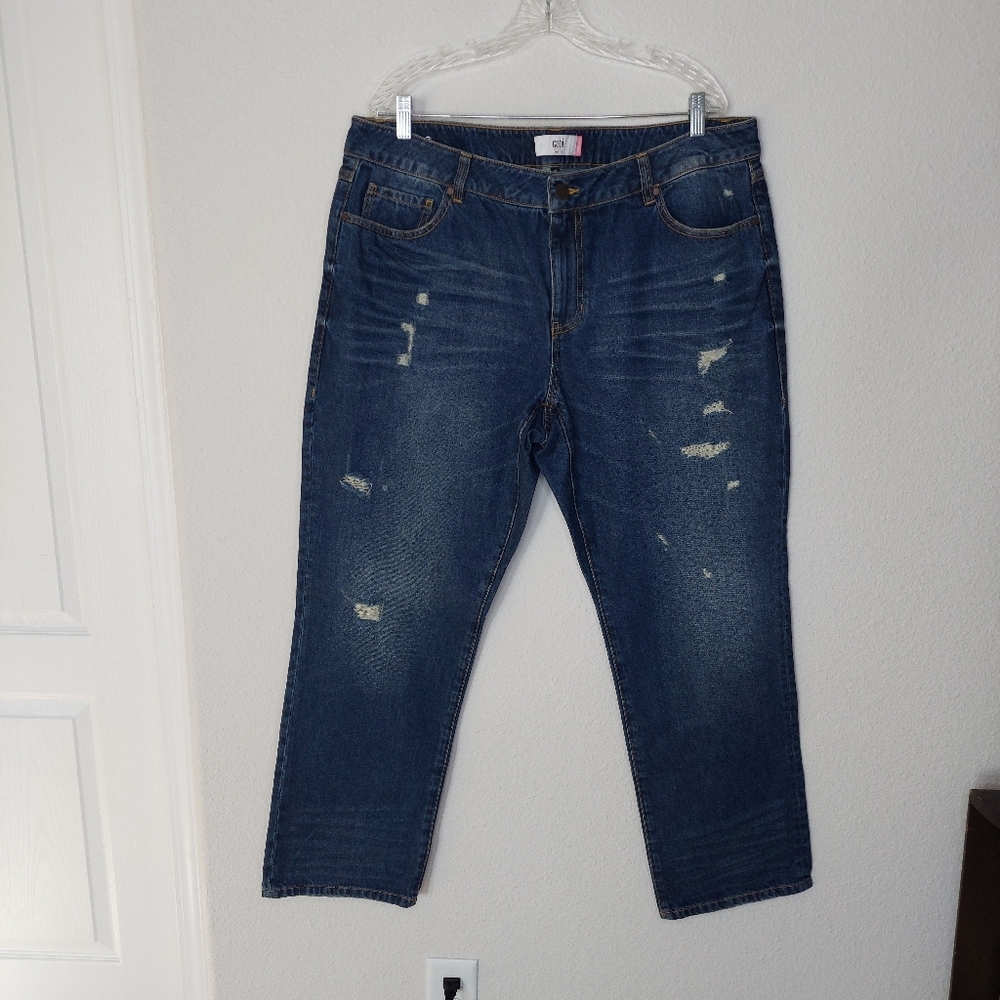 CAbi Straight Leg Jeans in Dark Blue Distressed Wash